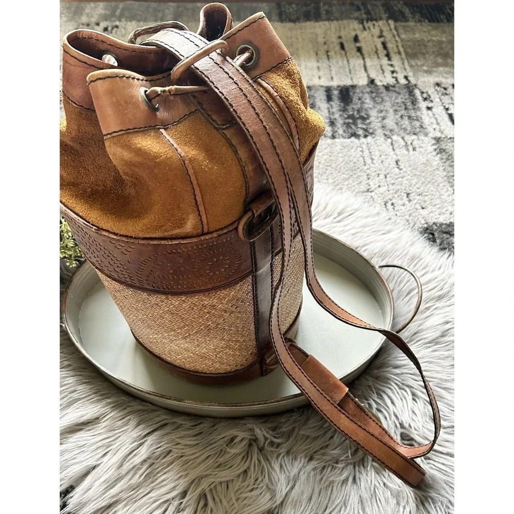 Vintage French Leather Trimmed Wicker‎ Bucket Bag Backpack